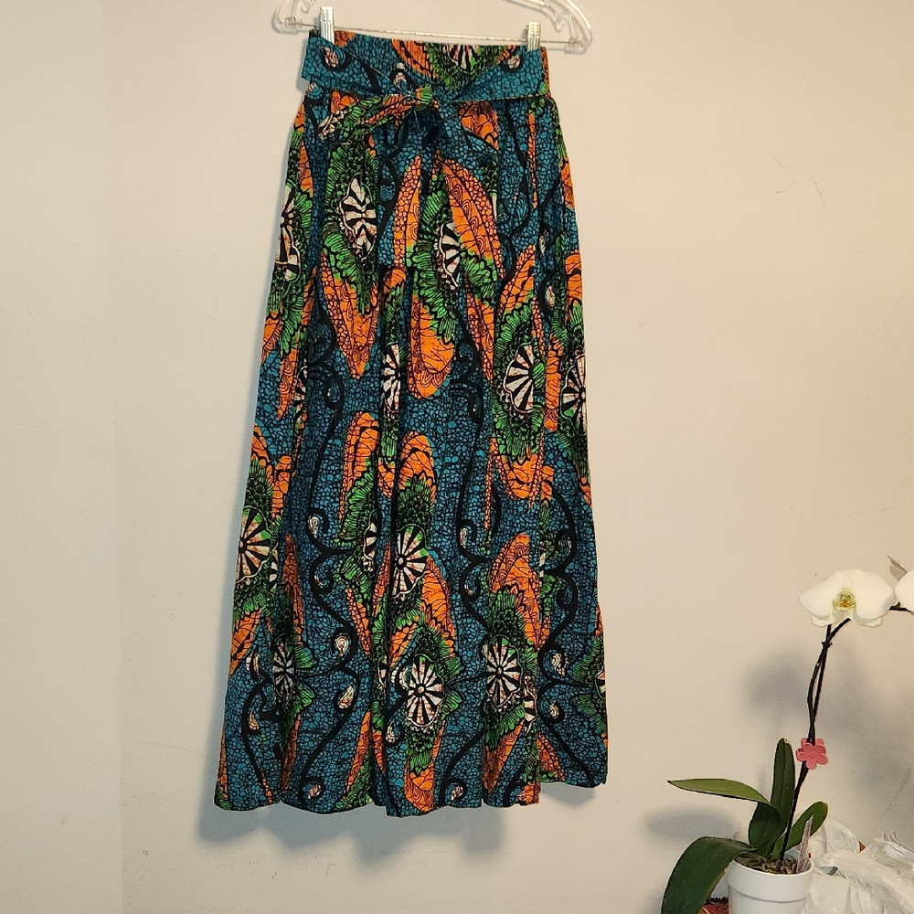 NWOT African Print Handmade Smocked Waist Flair Maxi Skirt OS